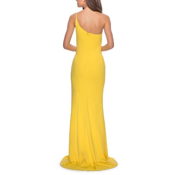 NEW LA FEMME Yellow 28176 One Shoulder Jersey Gown Prom Dress Size 6 - Picture 2 of 5